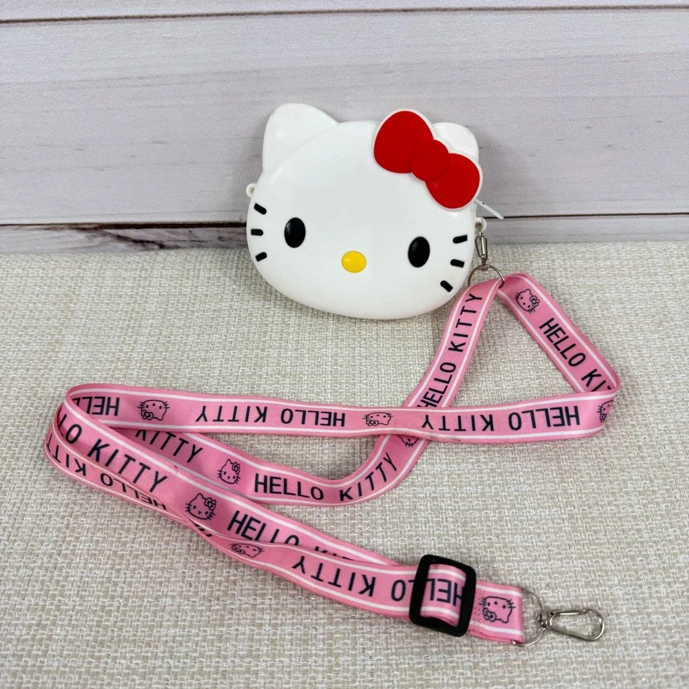 Hello Kitty White‎ Face Coin Purse Bag Pink Lanyard Cute Kawaii Sanrio